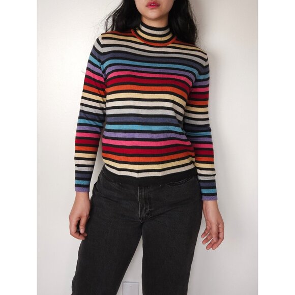 Sweaters - Vintage wool multicolor stripe mock neck fine knit sweater top long sleeve women